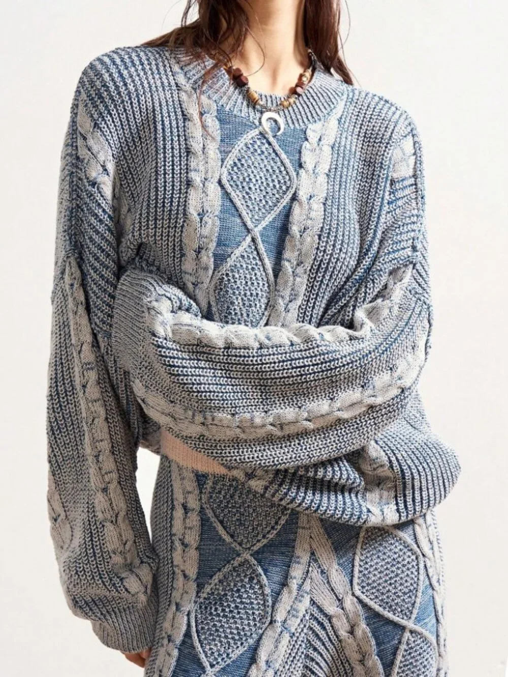 Blue & Gray Marled Cable Knit Oversized Sweater